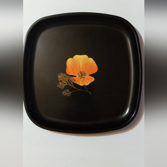 Vintage Couroc Hand Inlayed Gold California Poppy Floral MCM Dish Monterey CA - Picture 2 of 9
